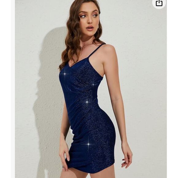 KOJOOIN Women's Sparkly Bodycon Night Out V-Neck Sparkle Ruched Dress L NWT - Picture 1 of 7